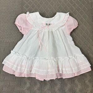 Rose Cottage Vintage White and Pink Eyelet Button Back Baby Apron Dress ~ 3/6M